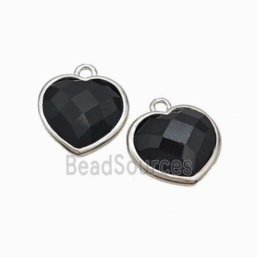 Natural Black Obsidian Heart Pendant Faceted Platinum Plated