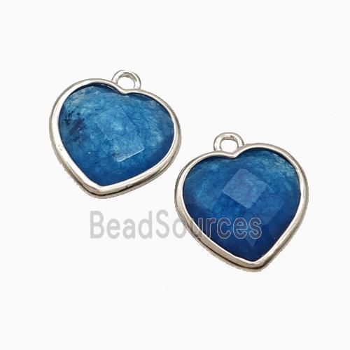 Blue Dye Jade Heart Pendant Faceted Platinum Plated