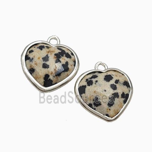 Natural Black Dalmatian Jasper Heart Pendant Faceted Platinum Plated