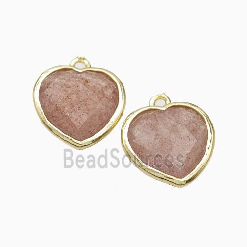 Natural Pink Strawberry Quartz Heart Pendant Faceted Gold Plated