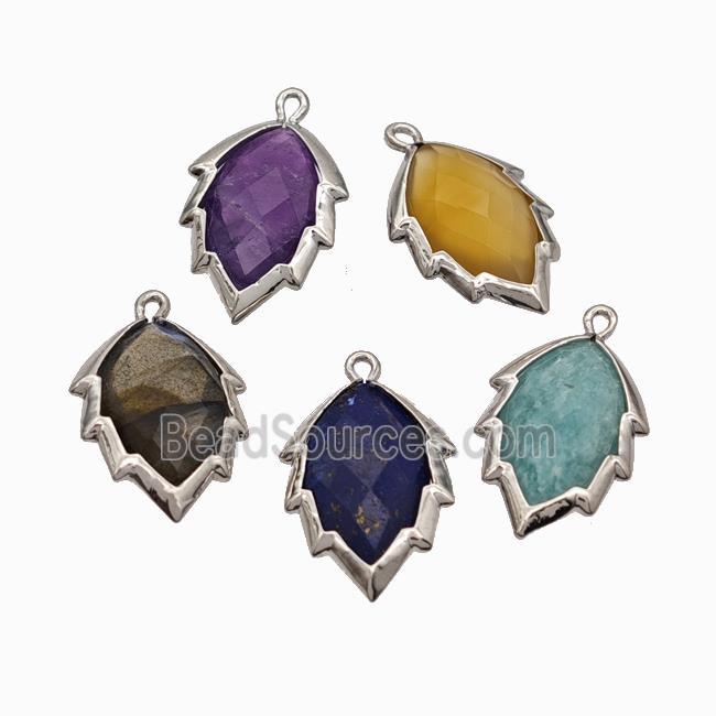 Natural Gemstone Leaf Pendant Platinum Plated Mixed