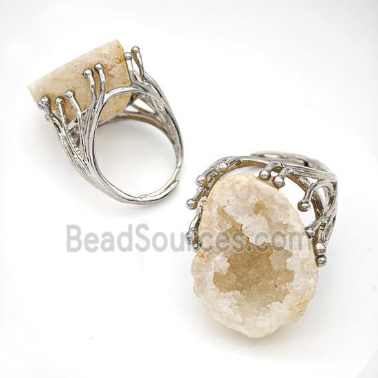 Copper Ring Pave Agate Druzy Geode Adjustable Platinum Plated