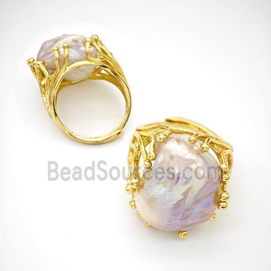 Copper Ring Pave Pearl Adjustable Gold Plated