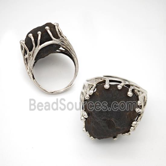 Copper Ring Pave Black Obsidian Adjustable Platinum Plated