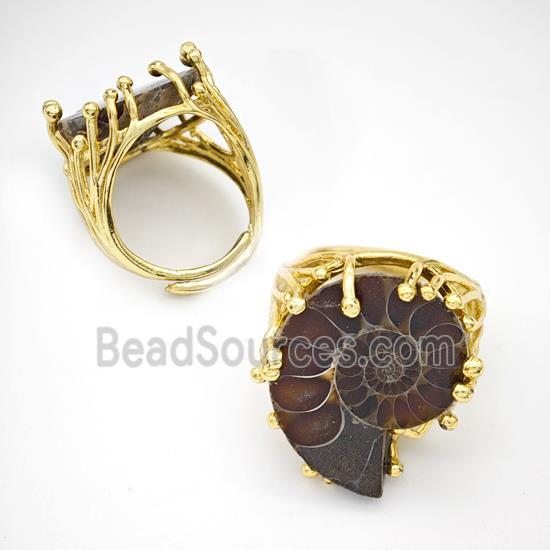 Copper Ring Pave Ammonite Fossil Adjustable Gold Plated