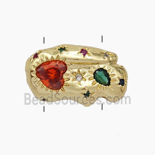 Copper Beads Pave Zirconia Multicolor Heart 2holes Gold Plated