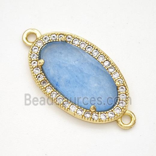 Blue Dye Jade Oval Connector Copper Pave Zirconia Gold Plated