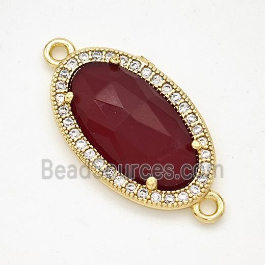 Red Dye Jade Oval Connector Copper Pave Zirconia Gold Plated