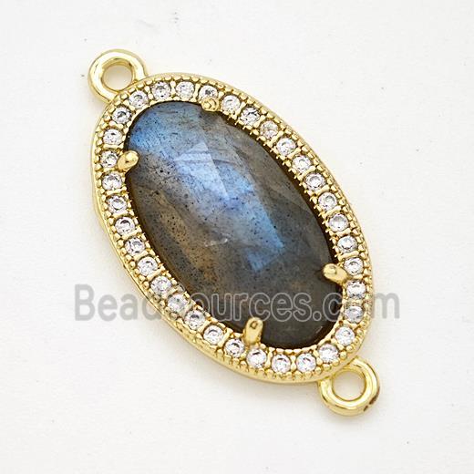 Natural Labradorite Oval Connector Copper Pave Zirconia Gold Plated