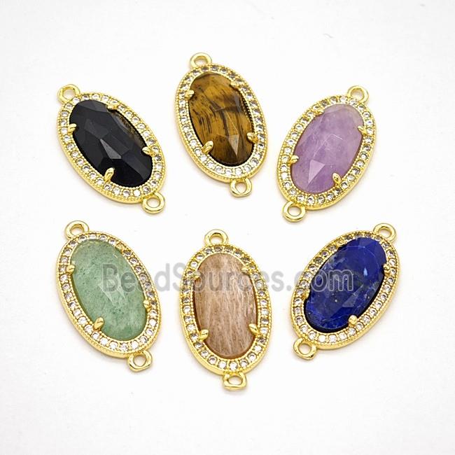 Gemstone Oval Connector Copper Pave Zirconia Gold Plated Mixed