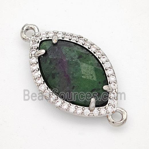 Green Zoisite Eye Connector Copper Pave Zirconia Platinum Plated