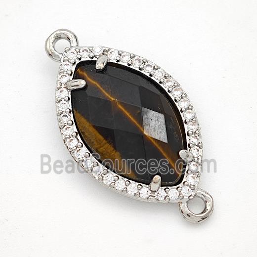 Natural Tiger Eye Stone Eye Connector Copper Pave Zirconia Platinum Plated