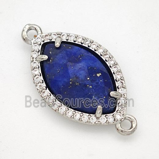 Natural Blue Lapis Lazuli Eye Connector Copper Pave Zirconia Platinum Plated