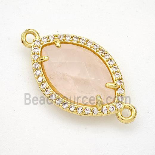 Natural Pink Rose Quartz Eye Connector Copper Pave Zirconia Gold Plated