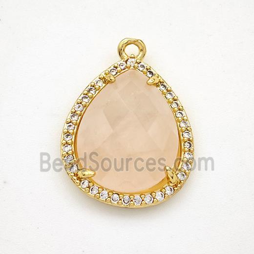 Natural Pink Rose Quartz Teardrop Pendant Copper Pave Zirconia Gold Plated