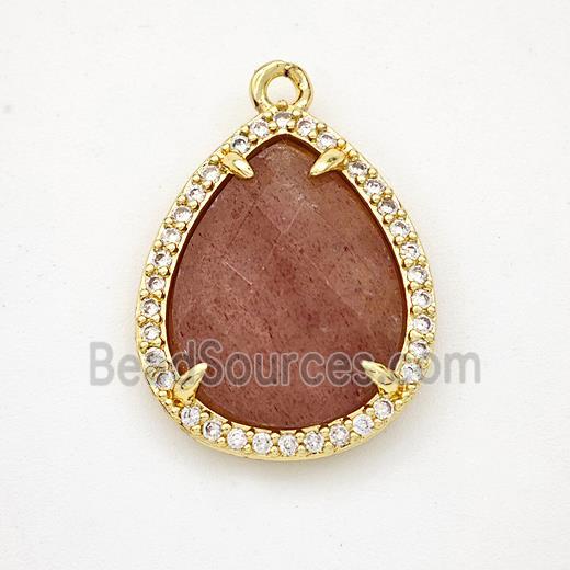 Natural Pink Strawberry Quartz Teardrop Pendant Copper Pave Zirconia Gold Plated