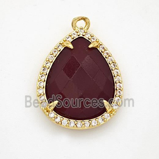 Darkred Dye Jade Teardrop Pendant Copper Pave Zirconia Gold Plated