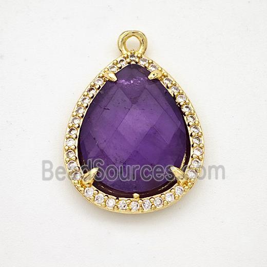 Natural Purple Amethyst Teardrop Pendant Copper Pave Zirconia Gold Plated