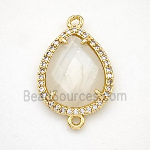 White Moonstone Teardrop Connector Copper Pave Zirconia Gold Plated