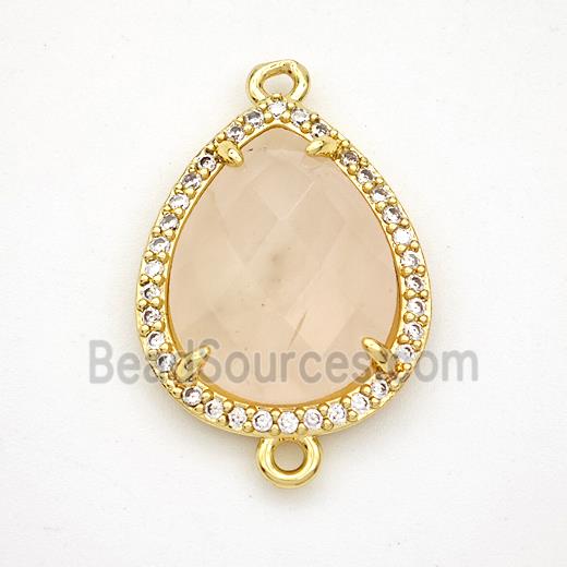 Pink Rose Quartz Teardrop Connector Copper Pave Zirconia Gold Plated