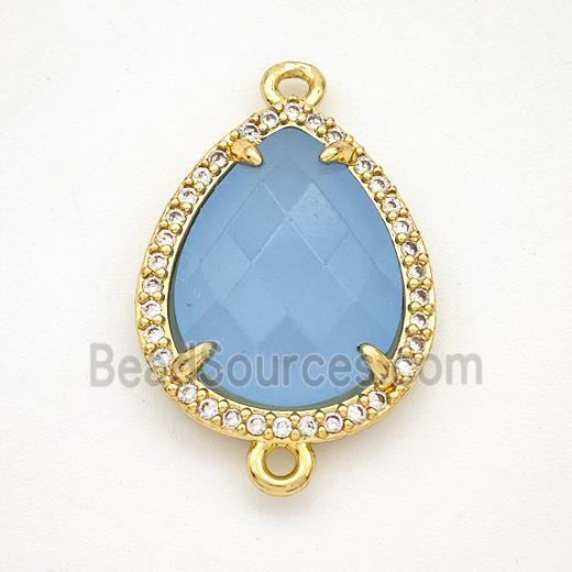 Blue Dye Jade Teardrop Connector Copper Pave Zirconia Gold Plated