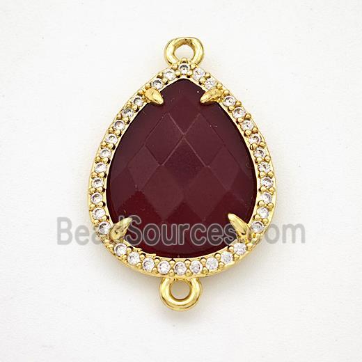 Darkred Dye Jade Teardrop Connector Copper Pave Zirconia Gold Plated