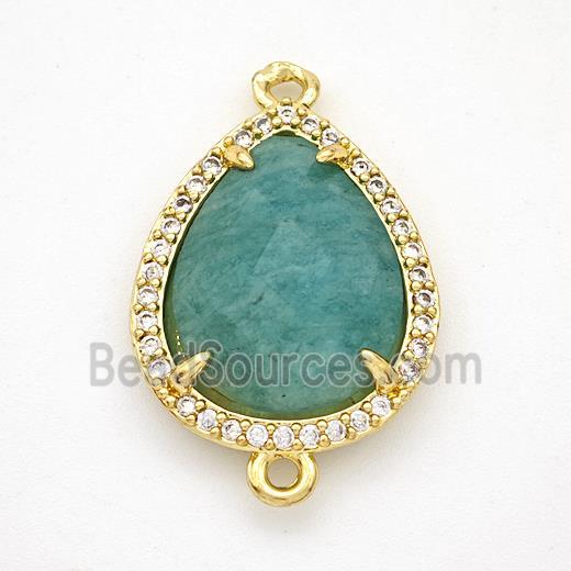 Green Amazonite Teardrop Connector Copper Pave Zirconia Gold Plated