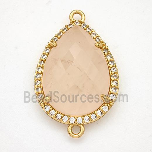 Pink Rose Quartz Teardrop Connector Copper Pave Zirconia Gold Plated