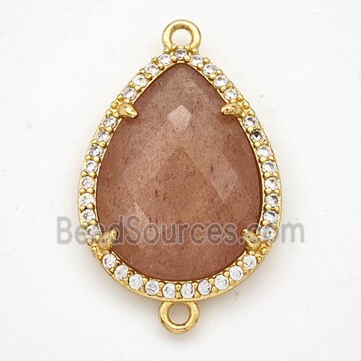 Pink Strawberry Quartz Teardrop Connector Copper Pave Zirconia Gold Plated