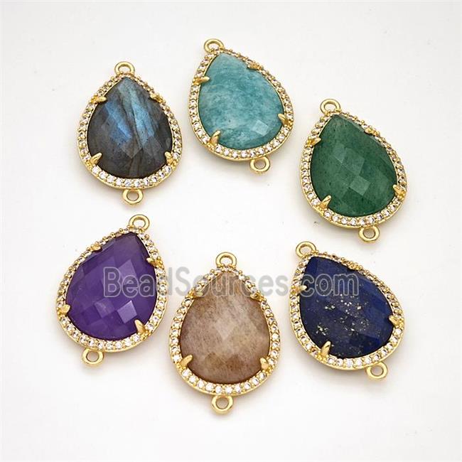 Natural Gemstone Teardrop Connector Copper Pave Zirconia Gold Plated Mixed