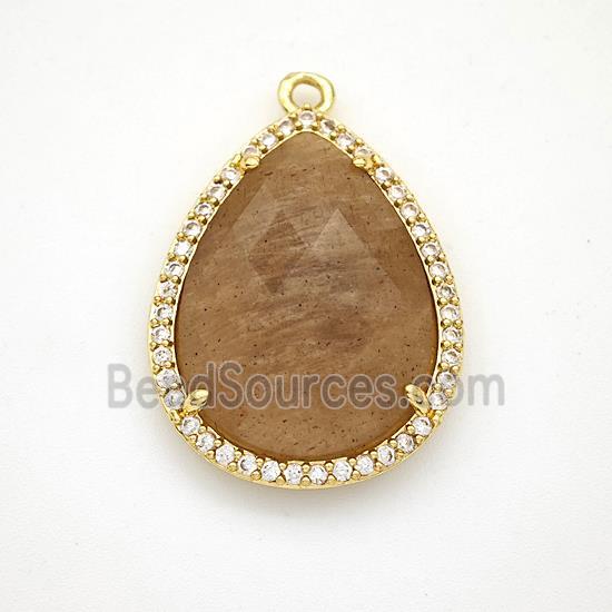 Peach Sunstone Teardrop Pendant Copper Pave Zirconia Gold Plated