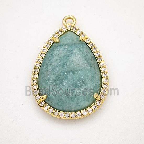 Green Amazonite Teardrop Pendant Copper Pave Zirconia Gold Plated