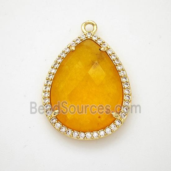 Orange Dye Jade Teardrop Pendant Copper Pave Zirconia Gold Plated