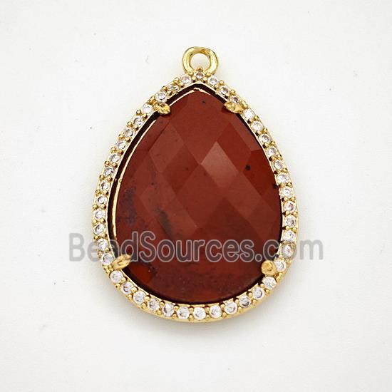 Red Jasper Teardrop Pendant Copper Pave Zirconia Gold Plated