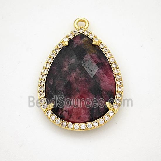 Rhodonite Teardrop Pendant Copper Pave Zirconia Gold Plated