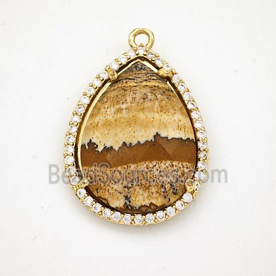 Picture Jasper Teardrop Pendant Copper Pave Zirconia Gold Plated