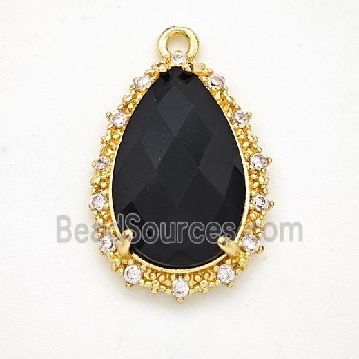 Black Obsidian Teardrop Pendant Copper Pave Zirconia Gold Plated