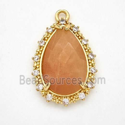 Peach Sunstone Teardrop Pendant Copper Pave Zirconia Gold Plated