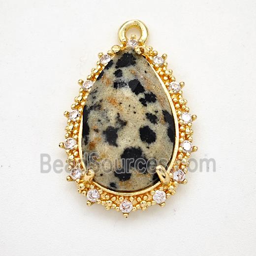 Black Dalmatian Jasper Teardrop Pendant Copper Pave Zirconia Gold Plated