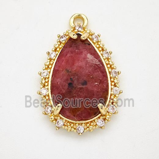 Red Rhodonite Teardrop Pendant Copper Pave Zirconia Gold Plated