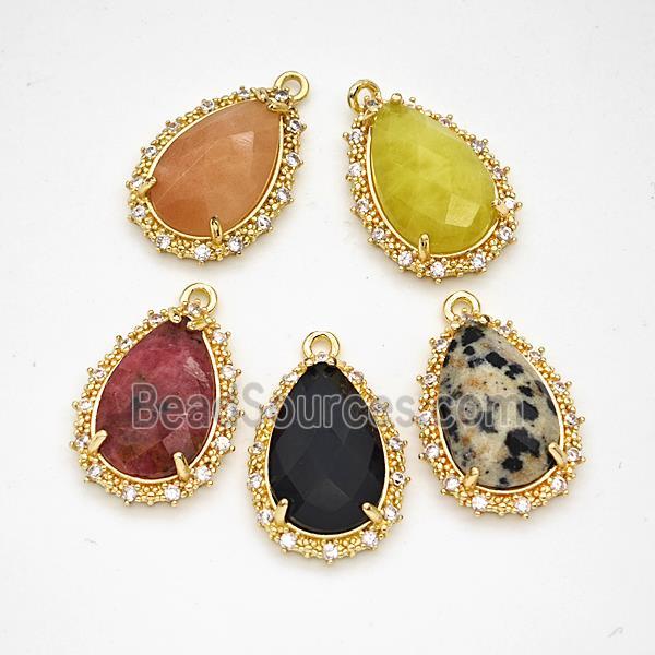 Natural Gemstone Teardrop Pendant Copper Pave Zirconia Gold Plated Mixed