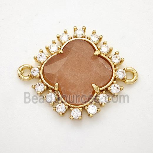 Natural Peach Moonstone Clover Connector Copper Pave Zirconia Gold Plated