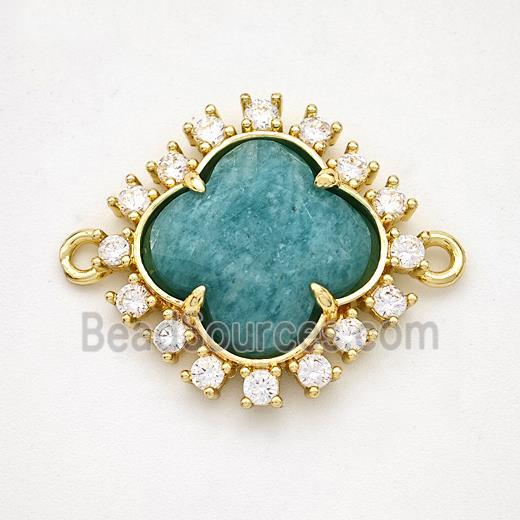 Natural Green Amazonite Clover Connector Copper Pave Zirconia Gold Plated