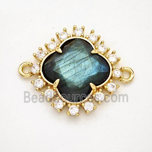 Natural Labradorite Clover Connector Copper Pave Zirconia Gold Plated