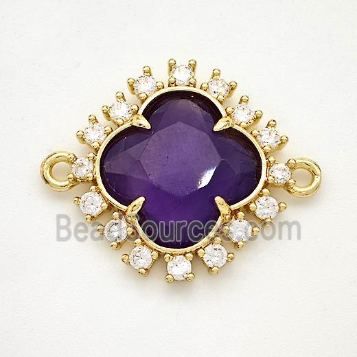 Natural Purple Amethyst Clover Connector Copper Pave Zirconia Gold Plated