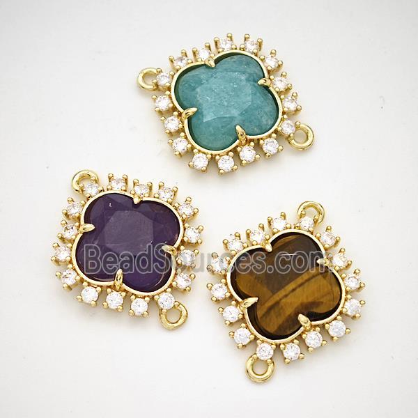 Natural Gemstone Clover Connector Copper Pave Zirconia Gold Plated Mixed