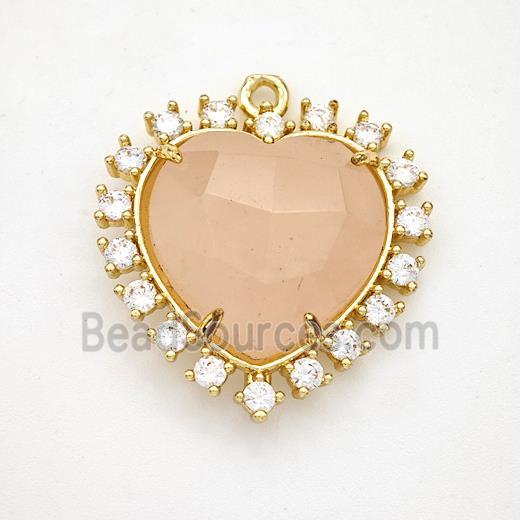 Natural Pink Rose Quartz Heart Pendant Copper Pave Zirconia Gold Plated