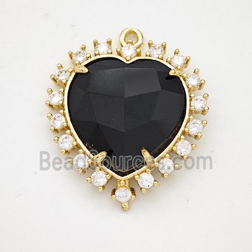 Natural Black Obsidian Heart Pendant Copper Pave Zirconia Gold Plated