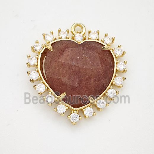 Natural Strawberry Quartz Heart Pendant Copper Pave Zirconia Gold Plated