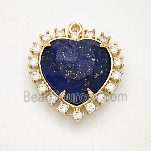 Natural Blue Lapis Lazuli Heart Pendant Copper Pave Zirconia Gold Plated